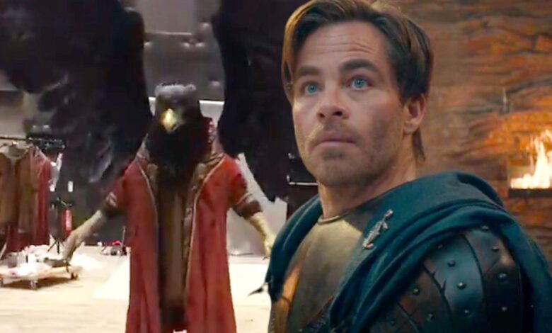 Custom image of Jarnathan behind the scenes and Chris Pine as Edgin in Dungeons & Dragons: Honor Among Thieves.