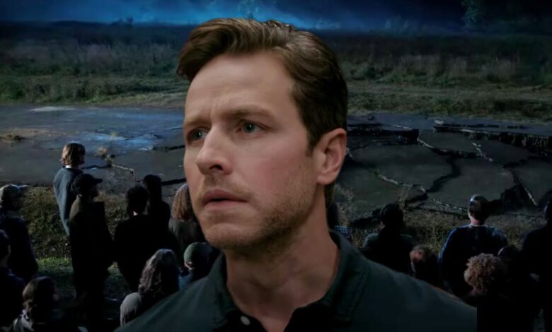 Man Looking Nervous in Front of Apocalyptic Background from Manifest Season 4 Part 2