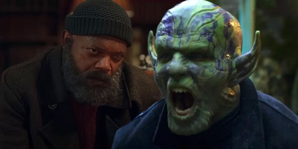 Nick Fury talking to Sonya Falsworth next to Gravik roaring in Secret Invasion