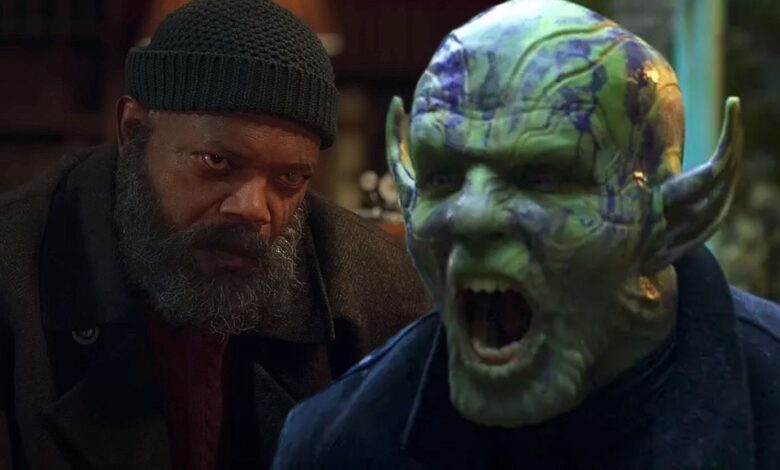 Nick Fury talking to Sonya Falsworth next to Gravik roaring in Secret Invasion