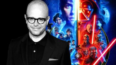 Damon Lindelof next to the poster for the Skywalker Saga