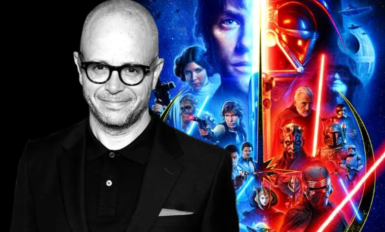 Damon Lindelof next to the poster for the Skywalker Saga
