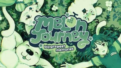 Melon Journey Cover Image With Logo, showing Kitten Princess, Strong Dog, Ham Ghost Jr, and the players character laying in the grass around the logo
