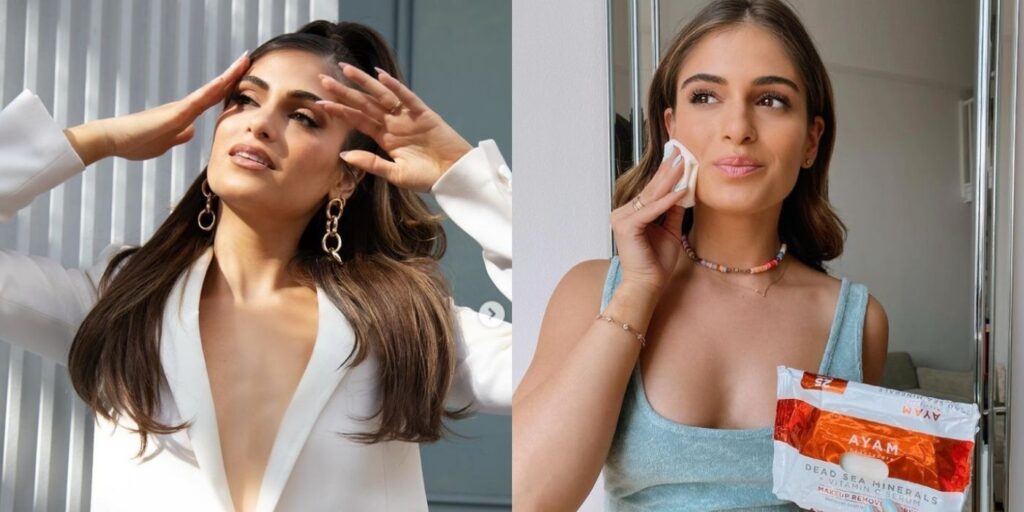 A split image of Batsheva Haart promoting different lines on Instagram