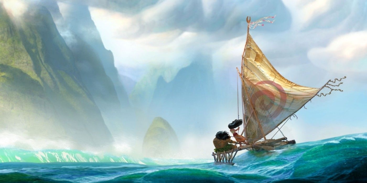 The Art of Moana - Maui and Moana on her boat on the sea