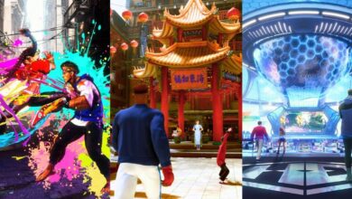 Images from Street Fighter 6 showcasing a fight on the Fighting Ground, a player walking around World Tour, and the Battle Hub area.