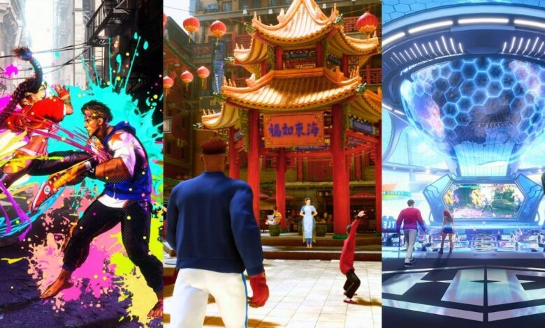 Images from Street Fighter 6 showcasing a fight on the Fighting Ground, a player walking around World Tour, and the Battle Hub area.