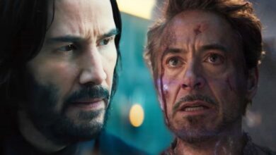 Keanu Reeves as John Wick looking left and Robert Downey Jr. as Iron Man in Avengers Endgame