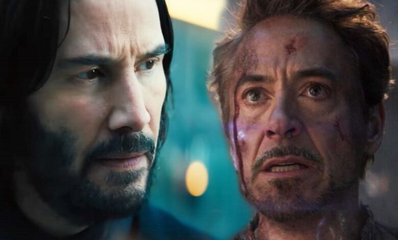 Keanu Reeves as John Wick looking left and Robert Downey Jr. as Iron Man in Avengers Endgame
