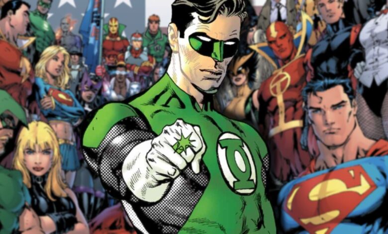 Green Lantern in front of Justice League heroes