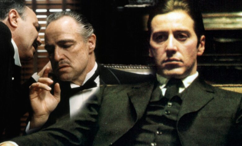 Blended image of Michael Corleone sitting in Part II while Vito is talking to someone in Godfather