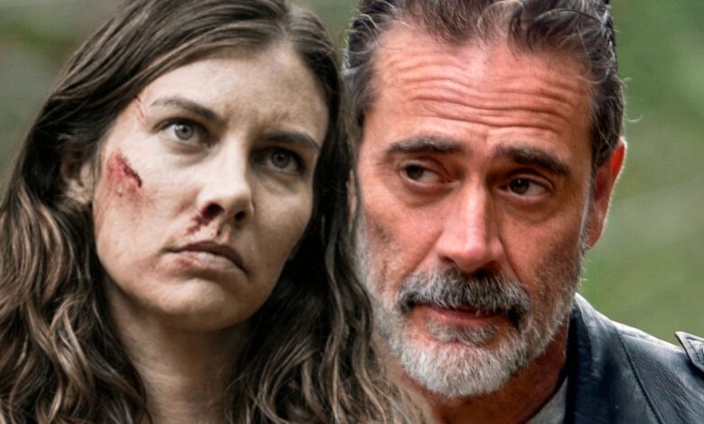 Close ups of Lauren Cohan as Maggie with a bloodied face and Jeffrey Dean Morgan as Negan with scruffy beard and shifty look on his face