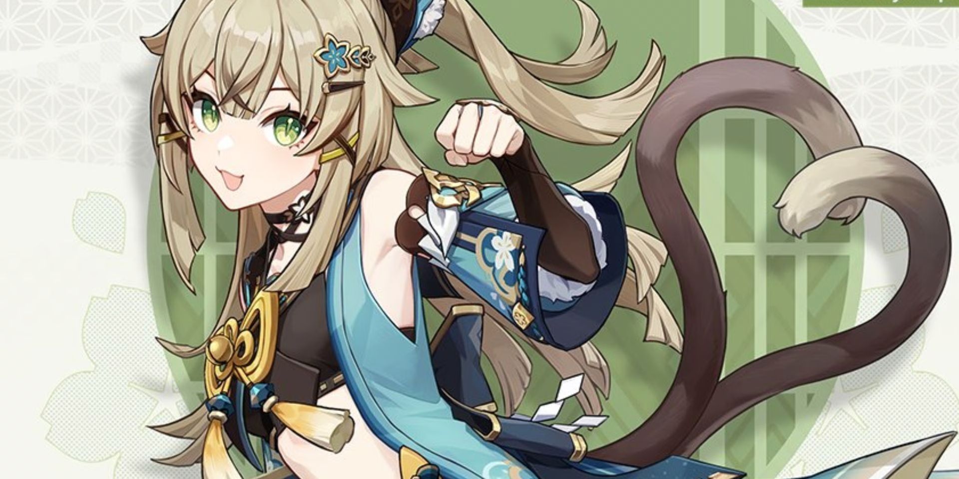 Genshin Impact's Kirara, a character with blonde hair and light blue and black clothing. She has two tails that bend to form a heart shape. She also curves her hand like a cat's paw.