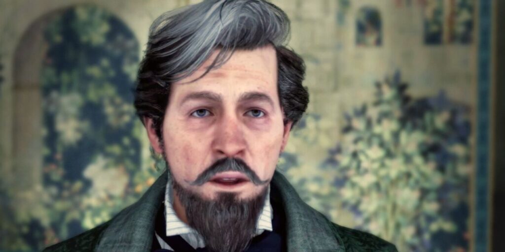 A close-up of the student disguised as Headmaster Black in Hogwarts Legacy, speaking to Professor Sharp with a neutral expression.