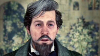A close-up of the student disguised as Headmaster Black in Hogwarts Legacy, speaking to Professor Sharp with a neutral expression.