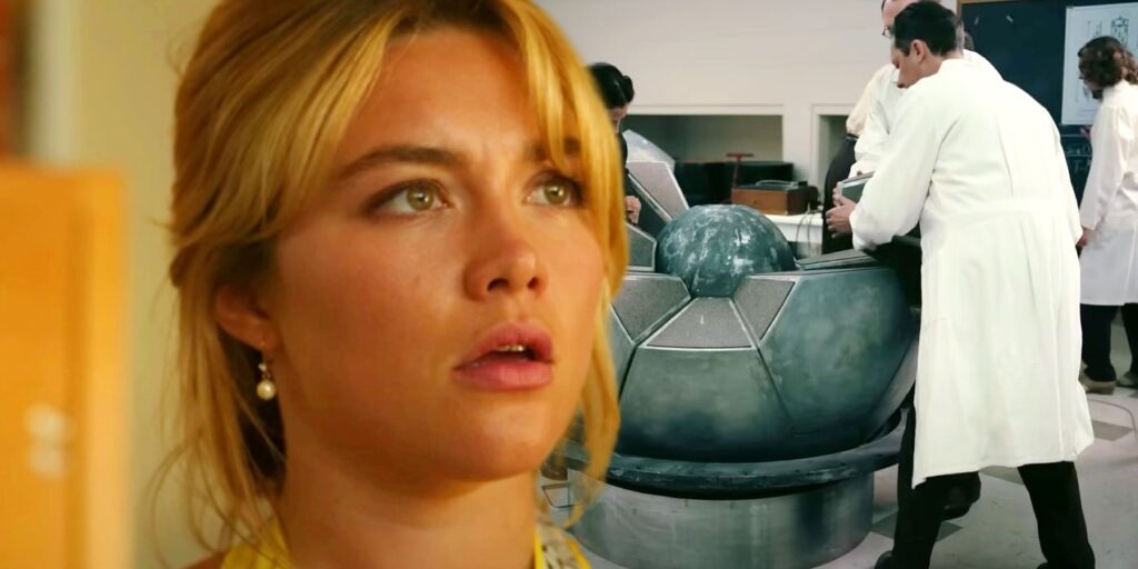 Custom image of Florence Pugh looking surprised and the assembly of an atomic bomb in Oppenheimer.