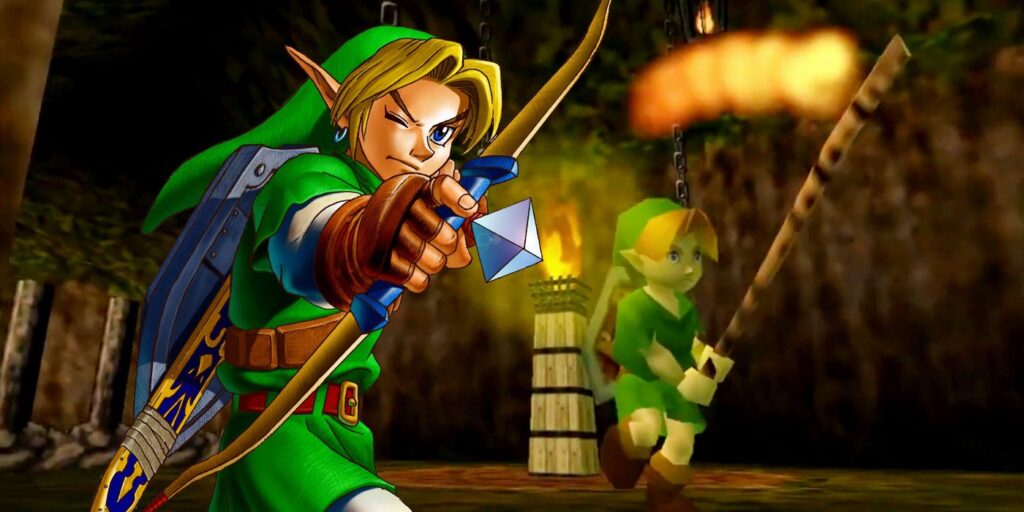 A cutout of adult Link from Ocarina of Time drawing a bow superimposed over a screenshot from Zelda 64 - Dawn & Dusk, where kid Link is running through a cave with a Deku Stick alight and a lit torch behind him.