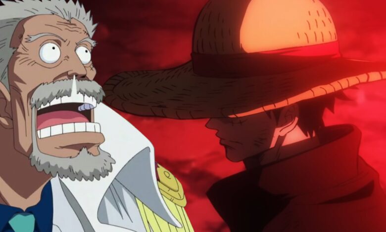 Image shows One Piece character's Luffy and Garp. Luffy wearing his signature Straw Hat with dramatic red lighting while Garp is seen looking bug eyed, with a shocked expression on his face and a large booger leaking out of his nose.