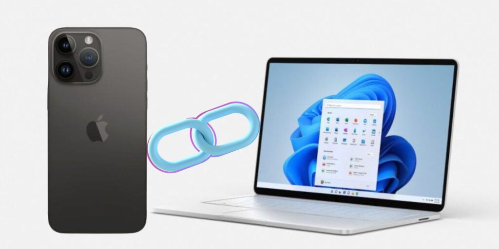 Image of an iPhone 14 with a link symbol next to a Windows laptop.