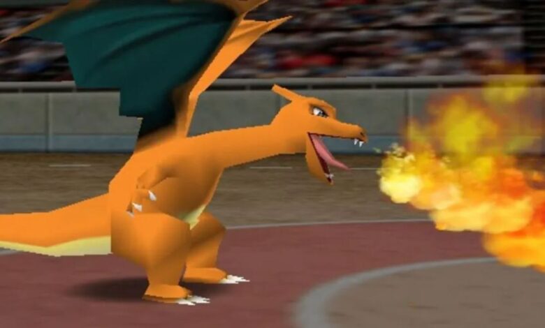 Charizard in Pokemon Stadium, breathing fire.