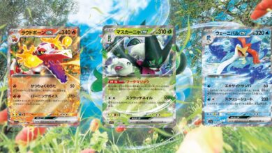 Pokemon TCG Paldea Evolved cards of Meowscarada EX, Skeledirge EX and Quaquaval EX over promo art.