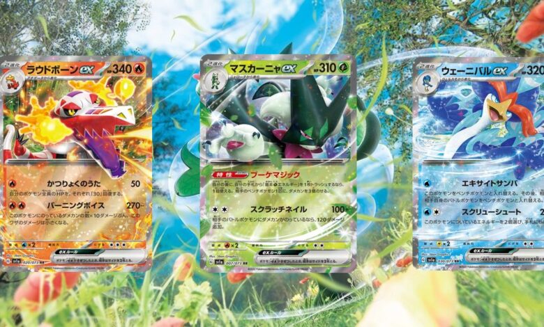 Pokemon TCG Paldea Evolved cards of Meowscarada EX, Skeledirge EX and Quaquaval EX over promo art.