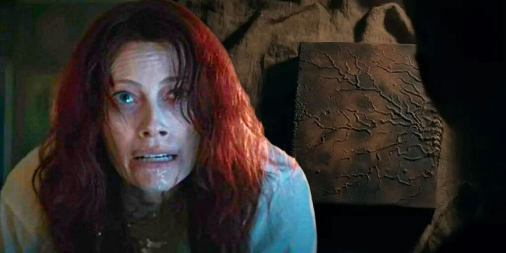 Blended image of Alyssa Sutherland in Evil Dead Rise alongisde the Book of the Dead