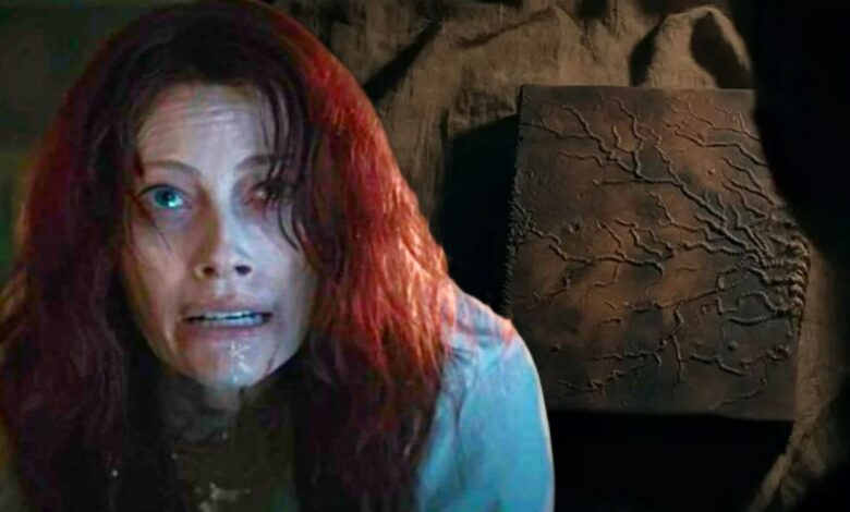 Blended image of Alyssa Sutherland in Evil Dead Rise alongisde the Book of the Dead
