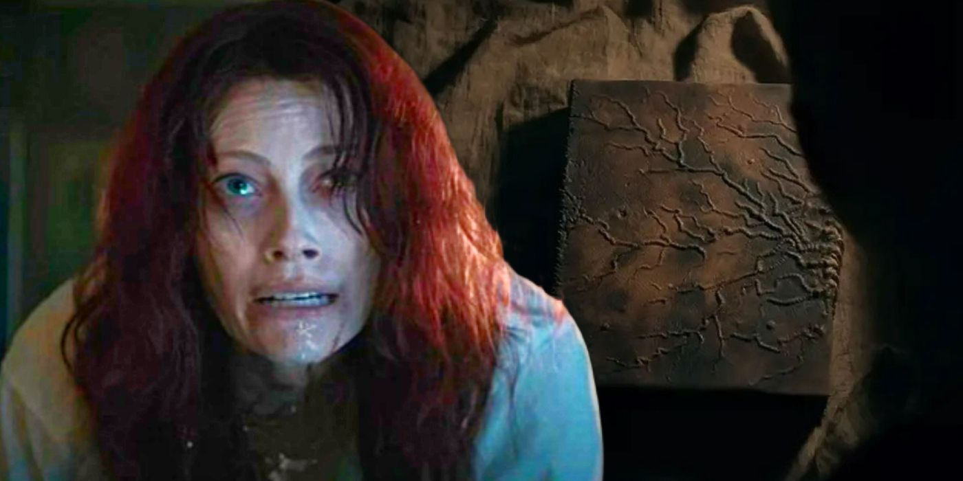 Blended image of Alyssa Sutherland in Evil Dead Rise alongisde the Book of the Dead