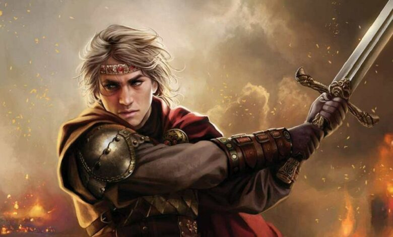 Aegon the Conqueror wileding Blackfyre in battle in The World of Ice and Fire.