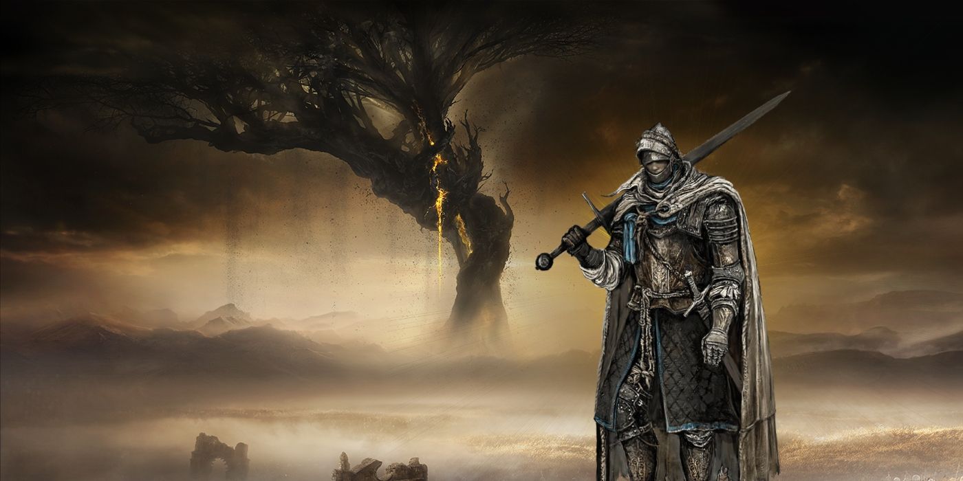 Elden Ring's Erdtree in the distance, with a superimposed image of the game's Vagabond class to the right.