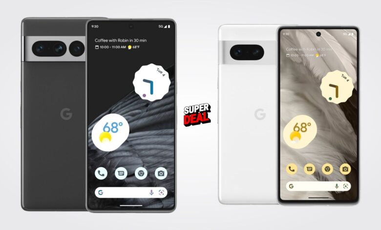Image of the Pixel 7 Pro and the Pixel 7 on a gray background