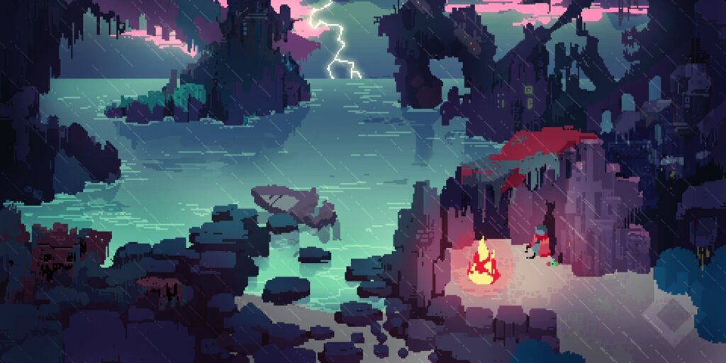 image from Hyper Light Drifter featuring the drifter sitting beside a campfire on the shore