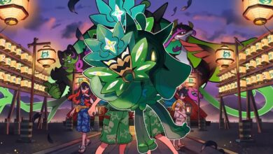 Image of a partially unmasked Ogerpon with key art for Pokémon Scarlet and Violet's The Teal Mask.