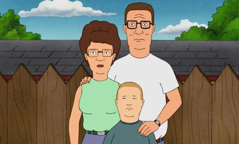 Hank, Peggy, and Bobby by the fence in King of the Hill