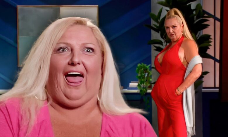 90 Day Fiancé’s Angela Deem with a surprised face and wearing a jumpsuit