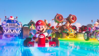 Toad, Mario Donkey Kong and Peach Drive on Rainbow Road In The Super Mario Bros Movie