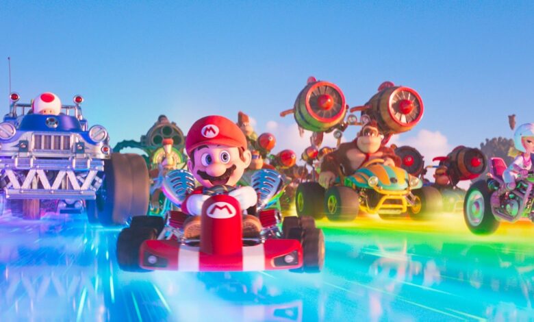 Toad, Mario Donkey Kong and Peach Drive on Rainbow Road In The Super Mario Bros Movie