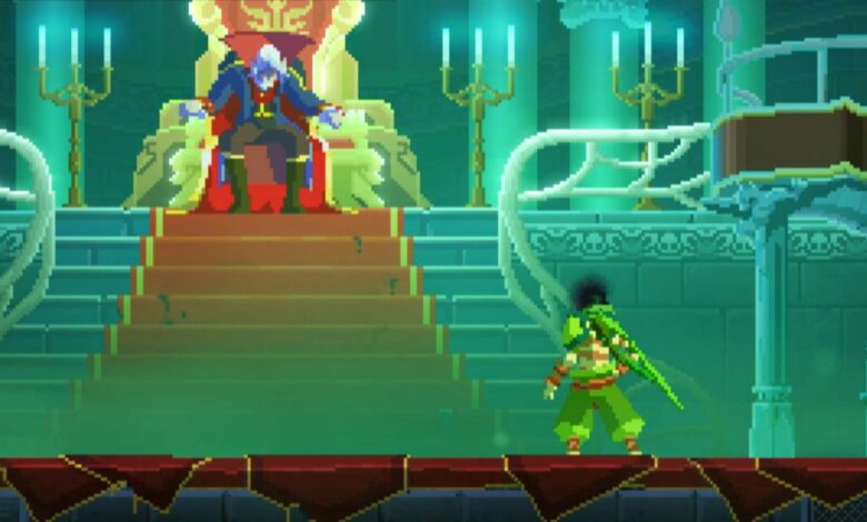 A Dead Cells character standing at the bottom of Dracula's Throne