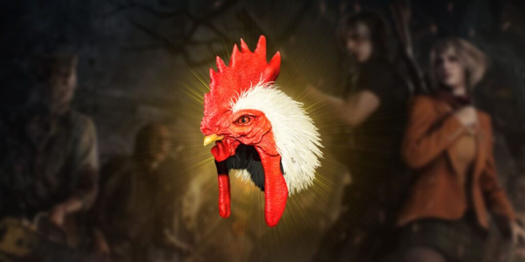 Resident Evil 4 Remake's Chicken Hat with a yellow backlight, superimposed on an image of Leon and Ashley fending of Ganados.