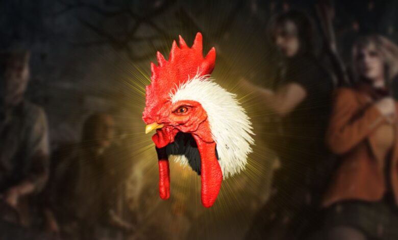 Resident Evil 4 Remake's Chicken Hat with a yellow backlight, superimposed on an image of Leon and Ashley fending of Ganados.