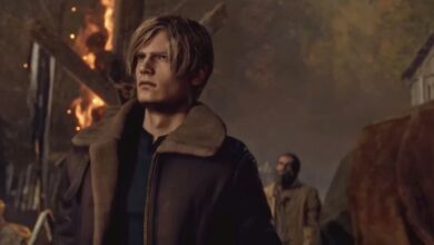 Leon walking amidst villagers hypnotized by a church bell after skipping the village fight in Resident Evil 4 Remake.