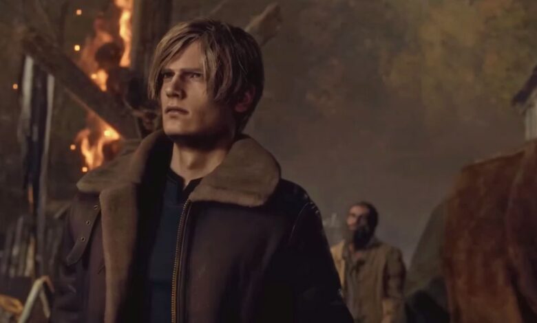 Leon walking amidst villagers hypnotized by a church bell after skipping the village fight in Resident Evil 4 Remake.