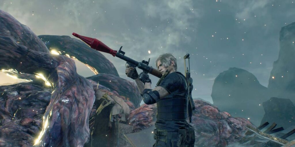 Resident Evil 4 Remake Leon with Rocket Launcher Against Larger Boss through Single Shot Weapon