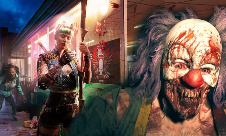 Dead Island 2 Promo image Dani stands to left lighting cigarette as EATS zombie creeps up on her, overlaid with terrifying clown zombie on right