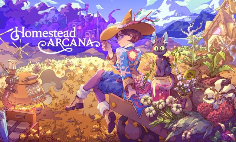 Homestead Arcana Key Art showing the protagonist and their cat sitting on a rock with produce overlooking a valley.