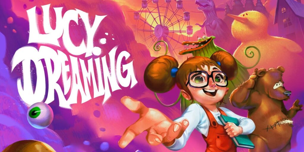 Lucy Dreaming Key Art showing Lucy holding a book, the title, a bear, giant duck, and plant alien in the background.