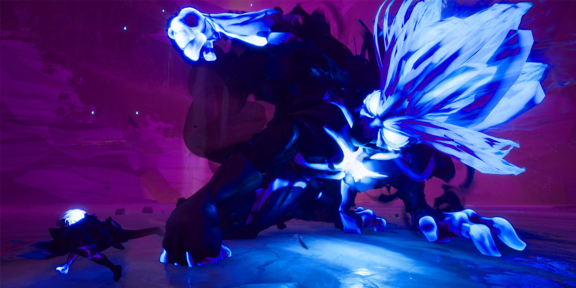 Gameplay images from Strayed Lights show a large creature with black skin and bright blue glowing hair and auras emanating from it's chest, hands, and head. Player character with light blue hair is seen much smaller than the large enemy in a cavern level with purple hues illuminating the walls.