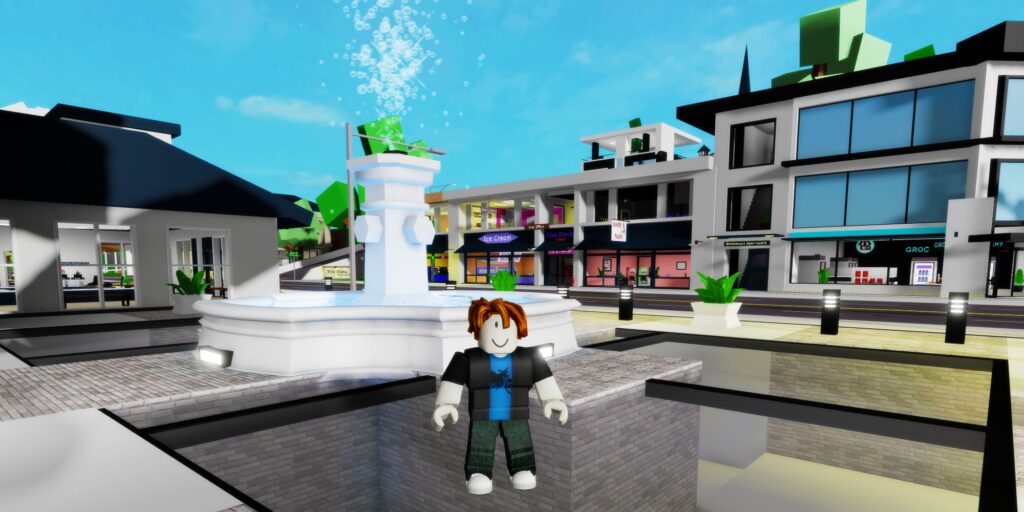 Roblox Brookhaven Player Character In Brookhaven Main Square Next To Fountain And Shops