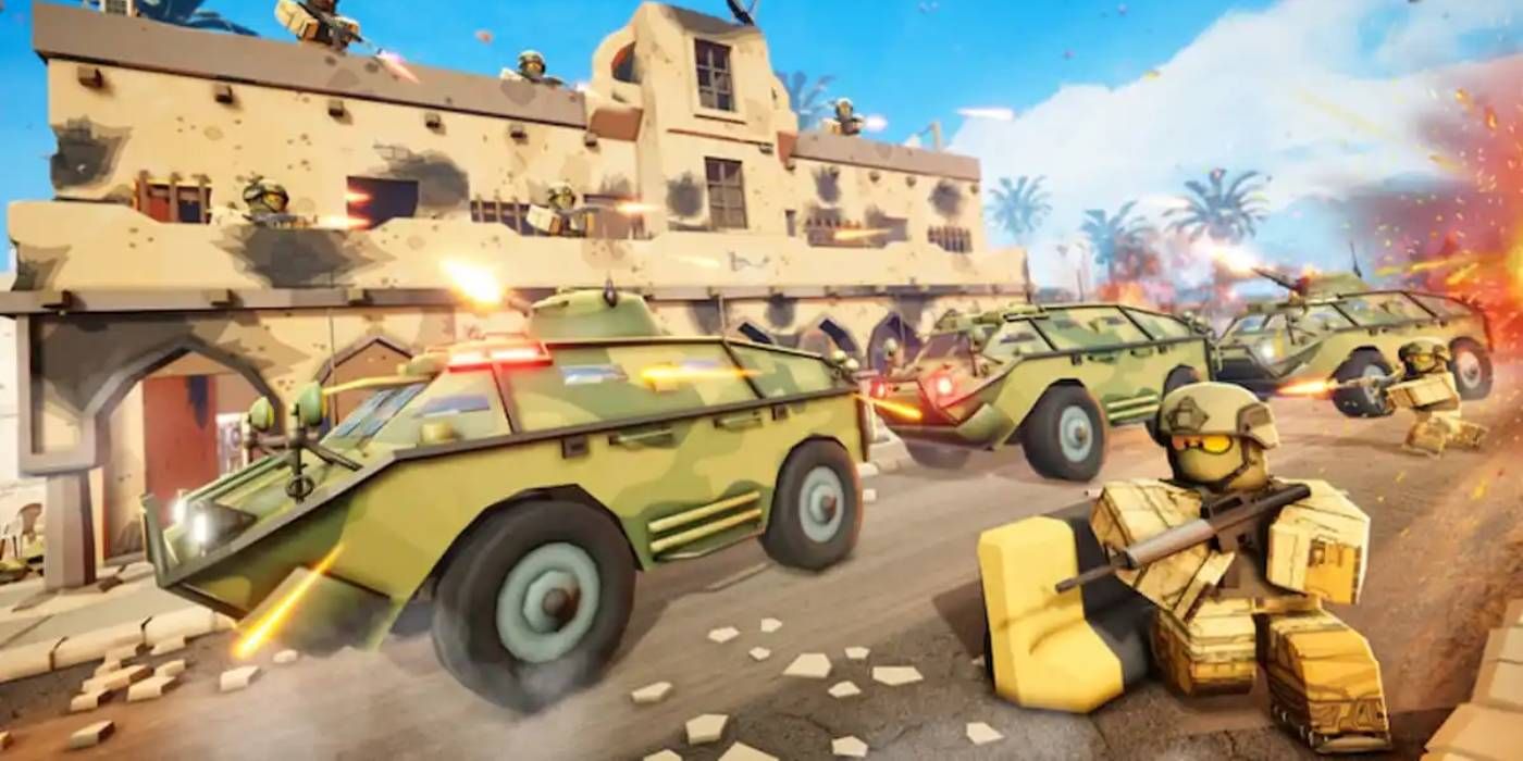 Roblox Military Tycoon Promotional Image with Base Combat Against Other Players